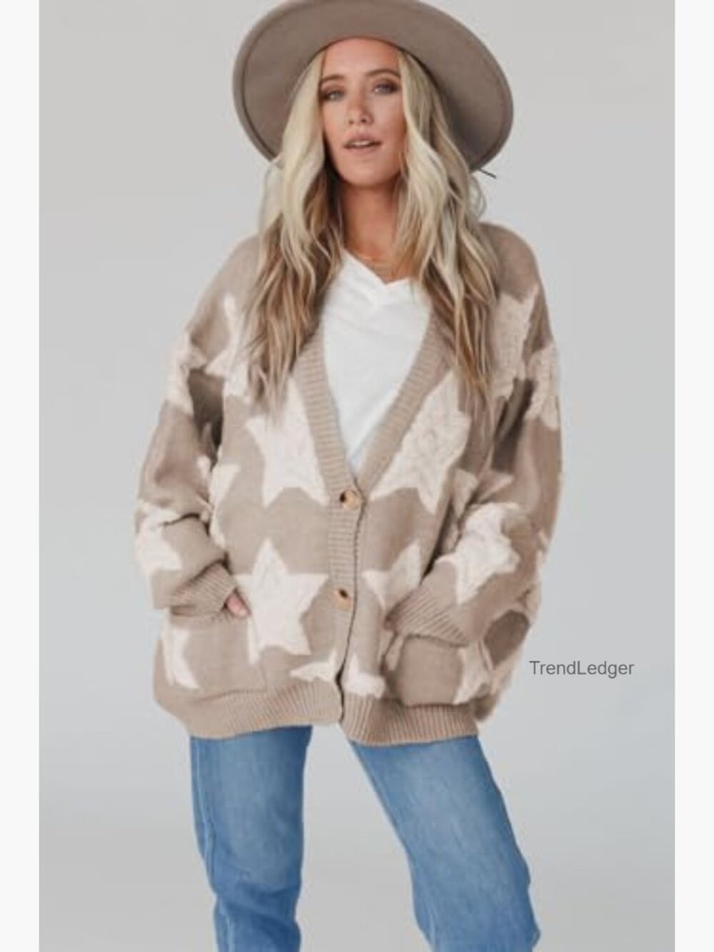 Womens Sherpa Star Pattern Cardigan with Pockets Casual Knit Coat Open Front V - Picture 5 of 7